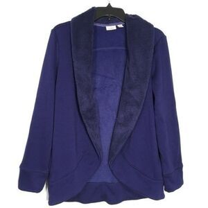 L.L. BEAN SHERPA TRIM BLUE LONG SLEEVE OPEN CARDIGAN WITH POCKETS XS‎ COZY